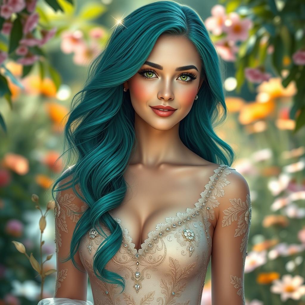 A stunningly beautiful woman created from imagination, with long flowing wavy hair in a vibrant shade of teal