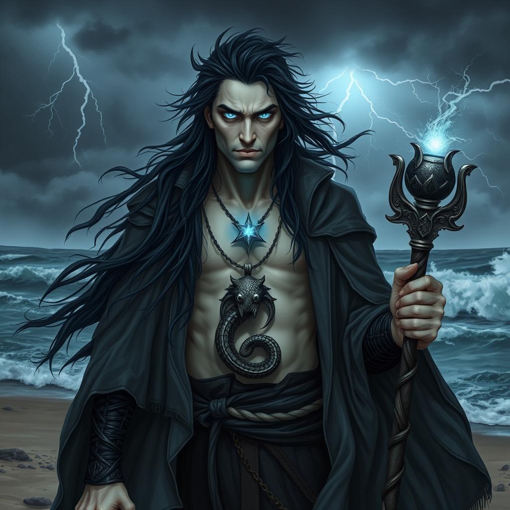 A dark sea warlock, standing on a stormy beach, wearing a flowing, tattered cloak that blends with the dark waves behind him