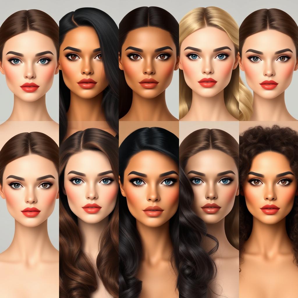 A collection of female face models showcasing diverse face shapes and features