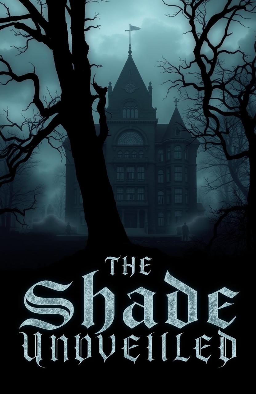 A dark and atmospheric scene featuring an ominous academy in the background, surrounded by creeping shadows and twisted trees