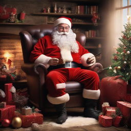 Santa Claus enjoying a pipe in his cosy armchair in his workshop, surrounded by gifts and a twinkling Christmas tree.