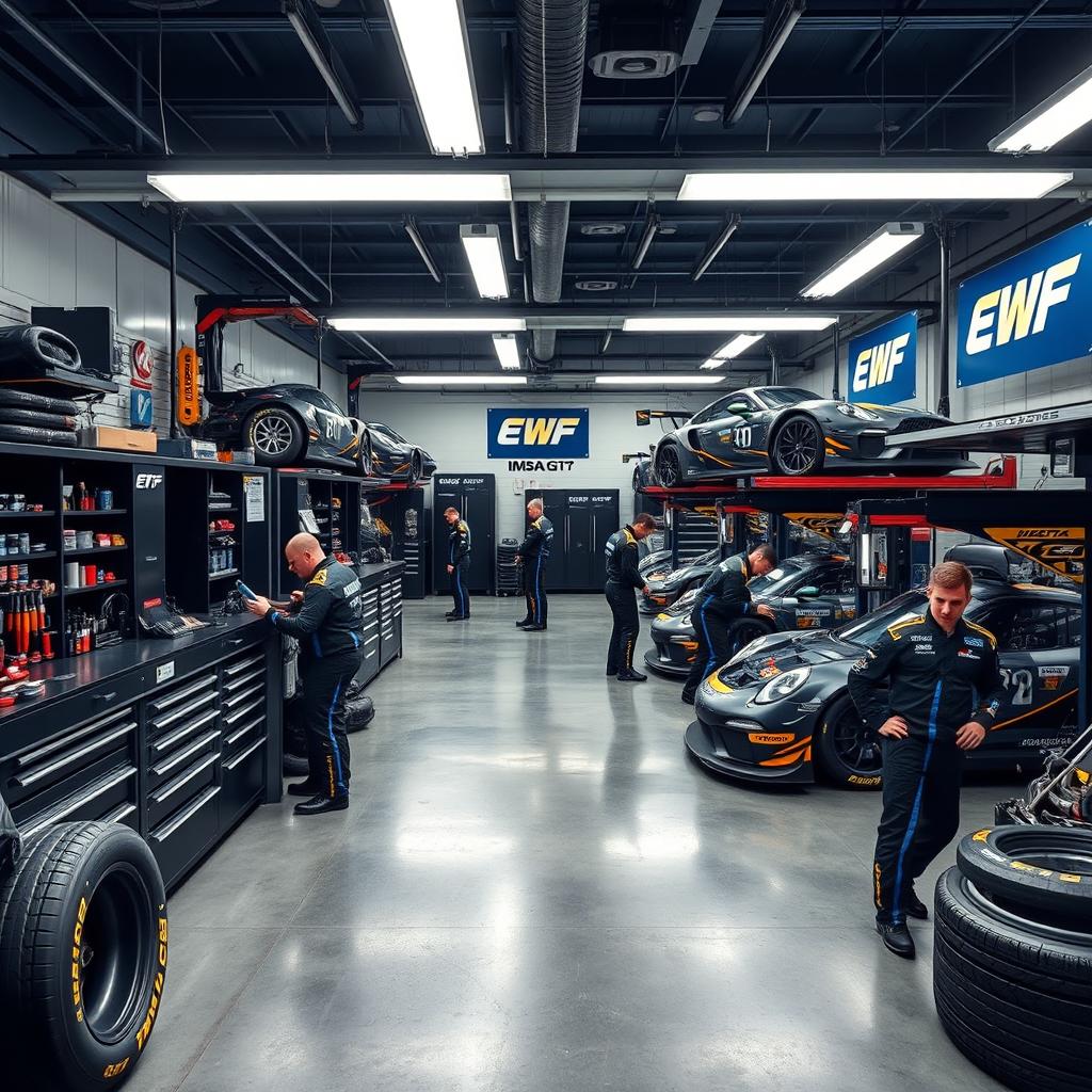 A detailed racetrack garage scene for EWF Motorsport, an IMSA GT3 racing team
