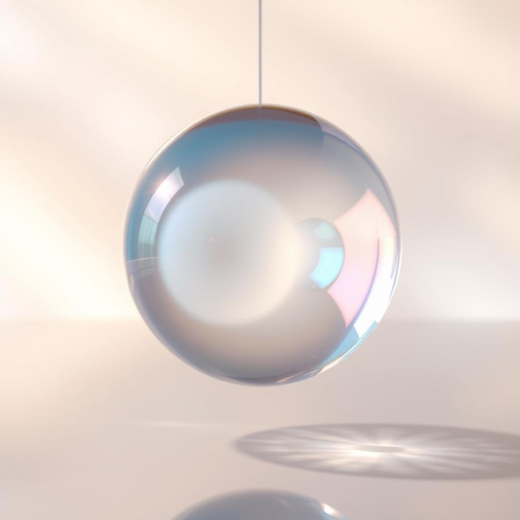 A stunningly beautiful, transparent sphere suspended in a serene environment, reflecting various colors from the surrounding light