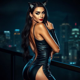 A sultry Catwoman in a sleek, form-fitting black leather dress that accentuates her curves, with a high slit and intricate detailing