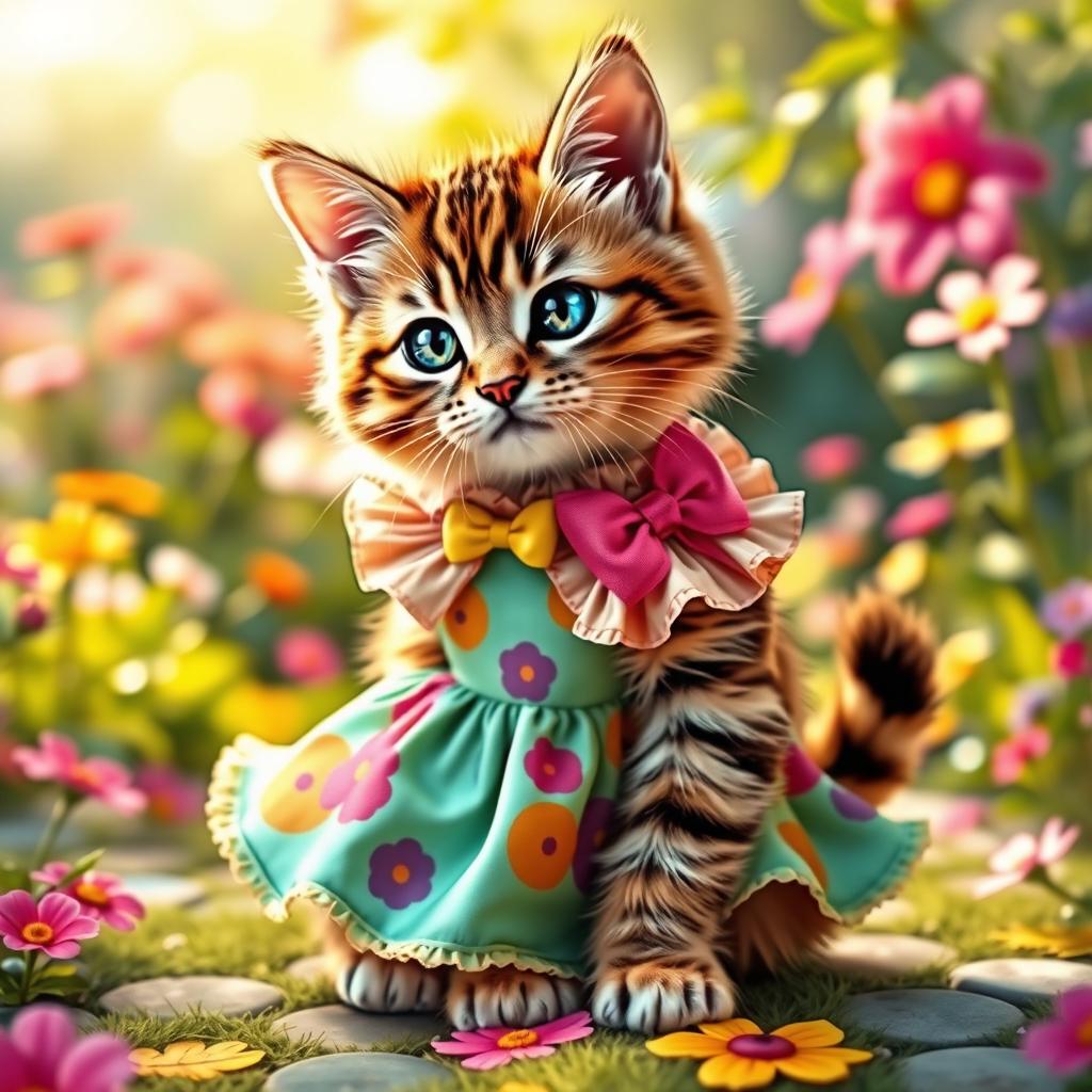 A playful cat dressed in a cute and sexy little dress that has a vibrant pattern, featuring ruffles and a bow on the collar