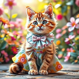 A playful cat dressed in a cute and sexy little dress that has a vibrant pattern, featuring ruffles and a bow on the collar