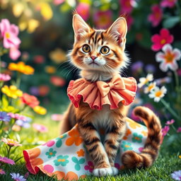 A playful cat dressed in a cute and sexy little dress that has a vibrant pattern, featuring ruffles and a bow on the collar