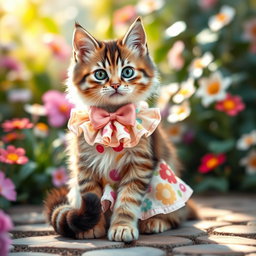 A playful cat dressed in a cute and sexy little dress that has a vibrant pattern, featuring ruffles and a bow on the collar