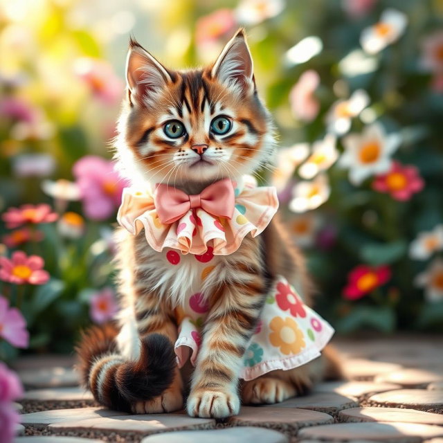 A playful cat dressed in a cute and sexy little dress that has a vibrant pattern, featuring ruffles and a bow on the collar