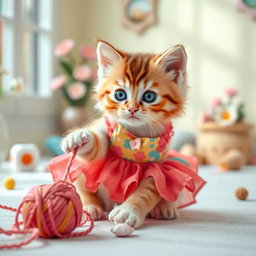A playful kitten wearing an adorable and stylish dress, featuring vibrant colors and fun patterns that enhance its cuteness