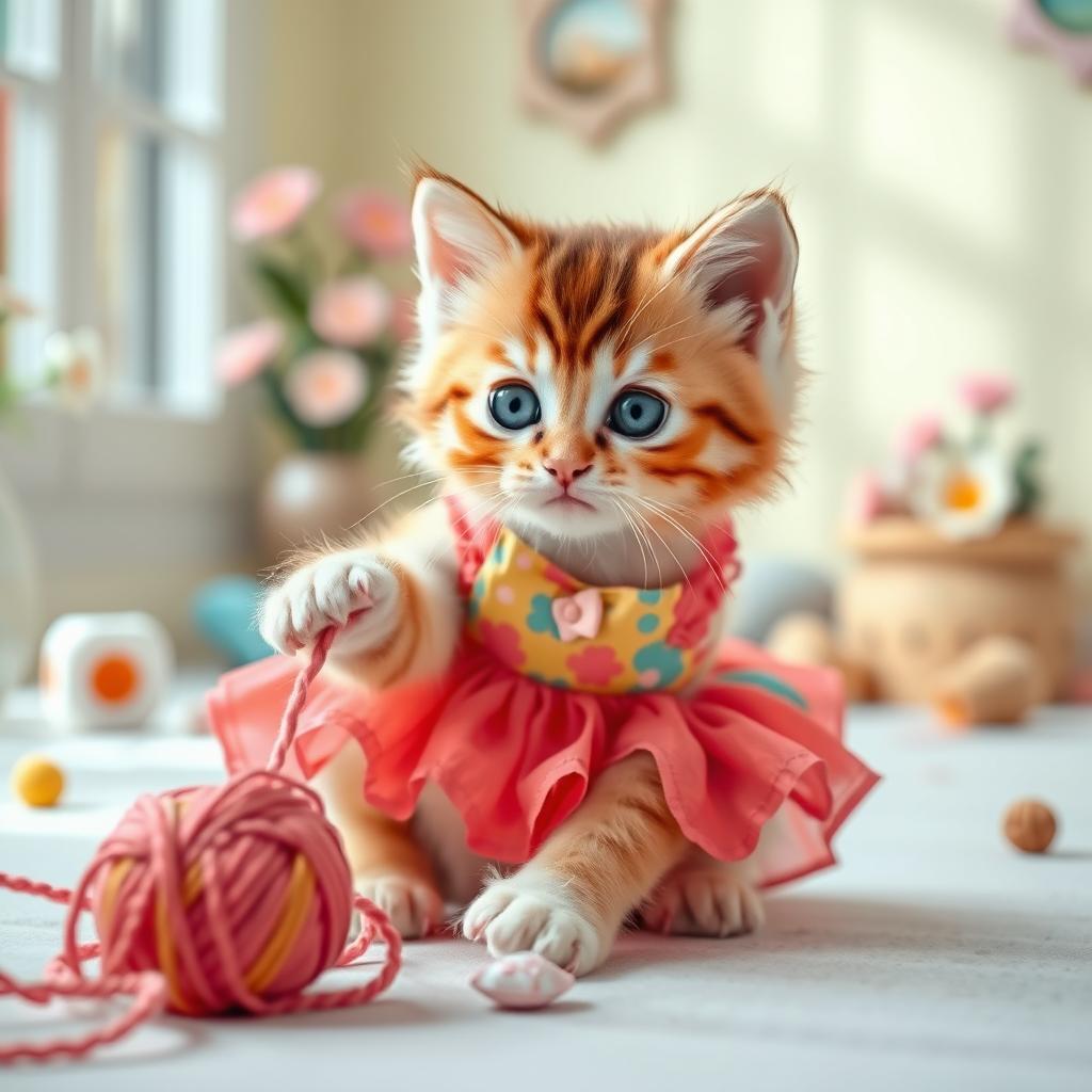 A playful kitten wearing an adorable and stylish dress, featuring vibrant colors and fun patterns that enhance its cuteness
