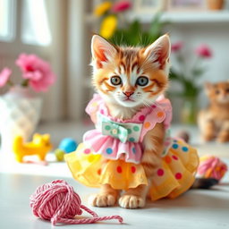 A playful kitten wearing an adorable and stylish dress, featuring vibrant colors and fun patterns that enhance its cuteness