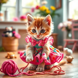 A playful kitten wearing an adorable and stylish dress, featuring vibrant colors and fun patterns that enhance its cuteness