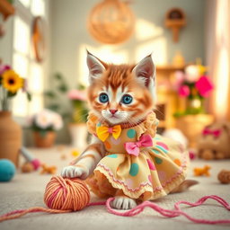 A playful kitten wearing an adorable and stylish dress, featuring vibrant colors and fun patterns that enhance its cuteness