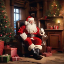 Santa Claus enjoying a pipe in his cosy armchair in his workshop, surrounded by gifts and a twinkling Christmas tree.