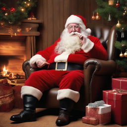 Santa Claus enjoying a pipe in his cosy armchair in his workshop, surrounded by gifts and a twinkling Christmas tree.