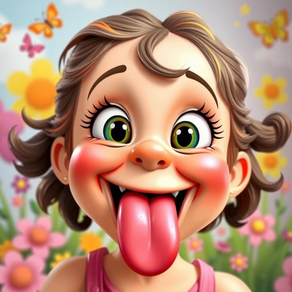 A whimsical girl with an exaggeratedly large mouth and a long, vibrant tongue, playfully sticking out her tongue