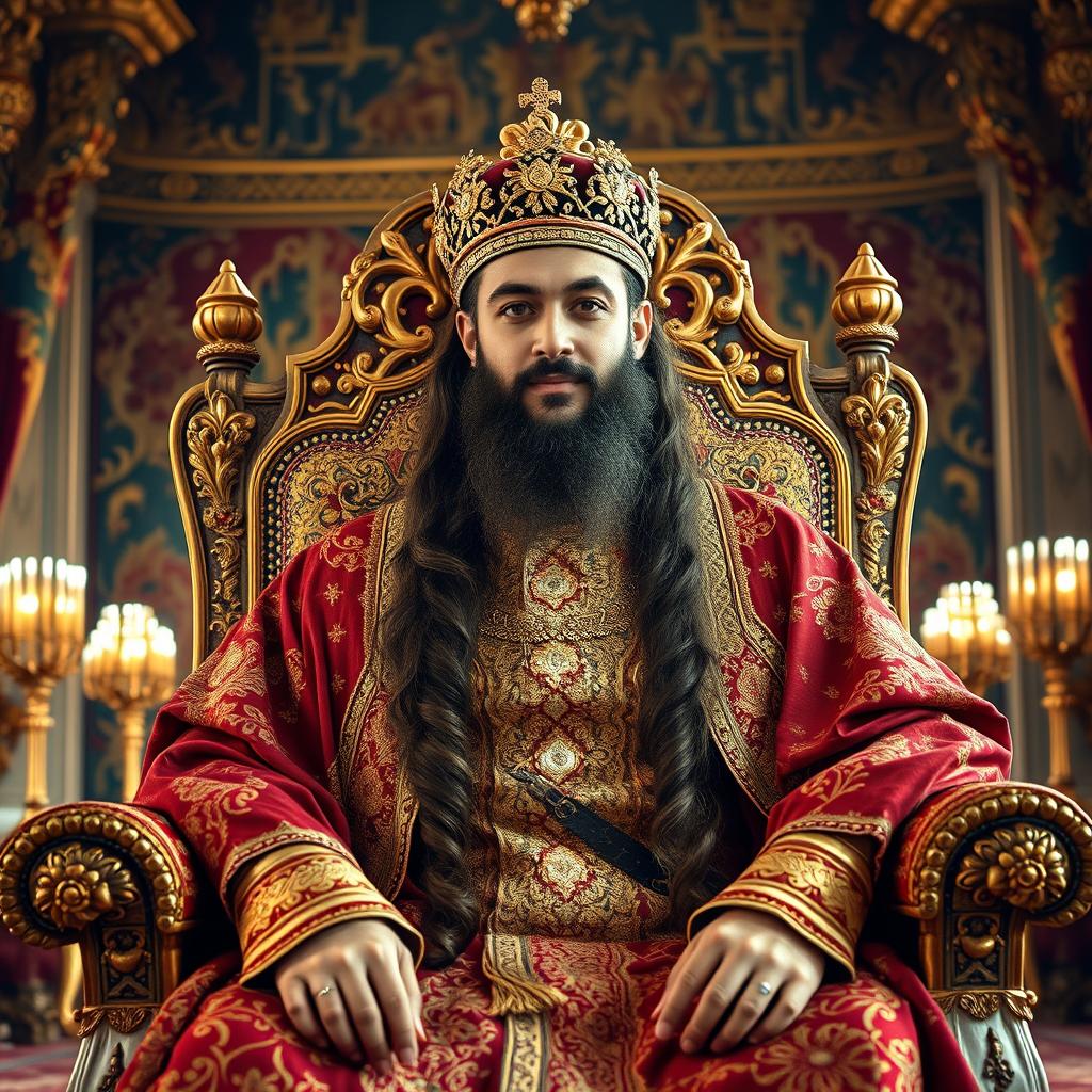 A regal portrait of Emir Fakhreddine II Al-Ma'n, seated confidently on a lavish throne adorned with intricate patterns, wearing an opulent traditional outfit embellished with gold threads