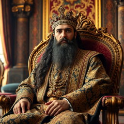 A regal portrait of Emir Fakhreddine II Al-Ma'n, seated confidently on a lavish throne adorned with intricate patterns, wearing an opulent traditional outfit embellished with gold threads