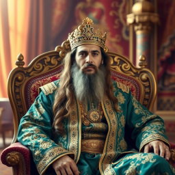 A regal portrait of Emir Fakhreddine II Al-Ma'n, seated confidently on a lavish throne adorned with intricate patterns, wearing an opulent traditional outfit embellished with gold threads
