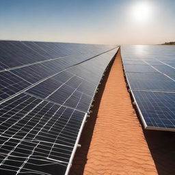 Aesthetic image of solar panels tilted towards the sun with a background hinting longevity and sustainability