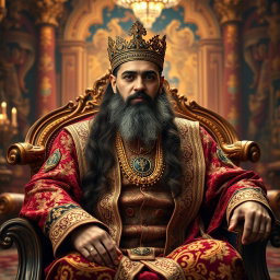 A regal portrait of Emir Fakhreddine II Al-Ma'n, seated confidently on a lavish throne adorned with intricate patterns, wearing an opulent traditional outfit embellished with gold threads