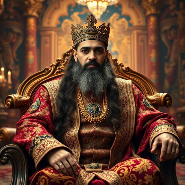 A regal portrait of Emir Fakhreddine II Al-Ma'n, seated confidently on a lavish throne adorned with intricate patterns, wearing an opulent traditional outfit embellished with gold threads