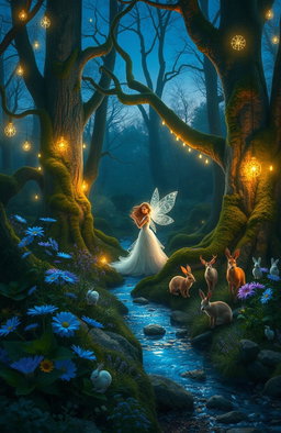 A mystical enchanted forest scene at twilight, illuminated by soft, ethereal lights hanging from the trees
