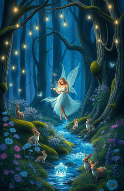 A mystical enchanted forest scene at twilight, illuminated by soft, ethereal lights hanging from the trees