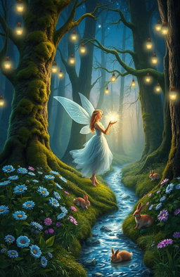 A mystical enchanted forest scene at twilight, illuminated by soft, ethereal lights hanging from the trees