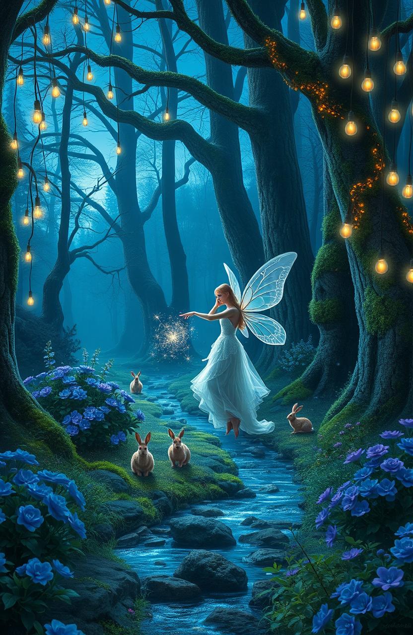 A mystical enchanted forest scene at twilight, illuminated by soft, ethereal lights hanging from the trees