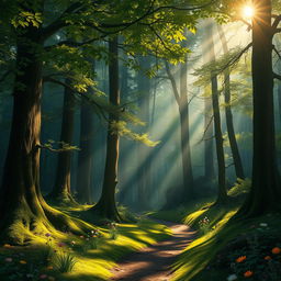 A serene and enchanting forest scene, showcasing sunlight filtering through the dense canopy of leaves, creating dappled light patterns on the forest floor