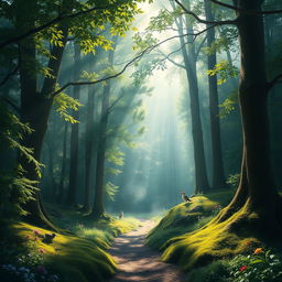 A serene and enchanting forest scene, showcasing sunlight filtering through the dense canopy of leaves, creating dappled light patterns on the forest floor
