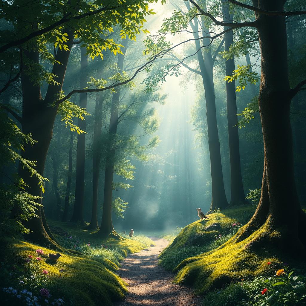 A serene and enchanting forest scene, showcasing sunlight filtering through the dense canopy of leaves, creating dappled light patterns on the forest floor