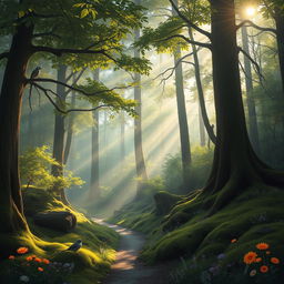A serene and enchanting forest scene, showcasing sunlight filtering through the dense canopy of leaves, creating dappled light patterns on the forest floor