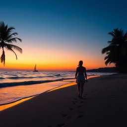A serene sunset beach scene with soft waves gently lapping at the shore