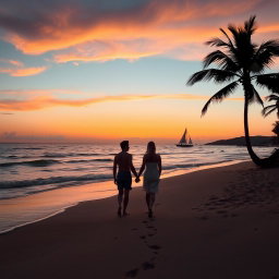 A serene sunset beach scene with soft waves gently lapping at the shore
