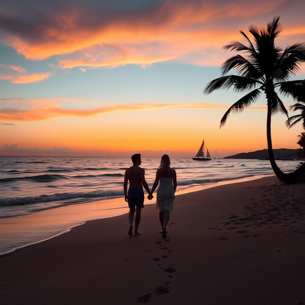 A serene sunset beach scene with soft waves gently lapping at the shore