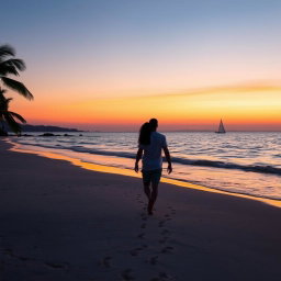 A serene sunset beach scene with soft waves gently lapping at the shore