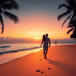 A serene sunset beach scene with soft waves gently lapping at the shore