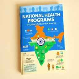 A book cover design focusing on national health programs in India, featuring a vibrant and informative layout