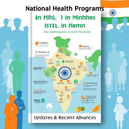 A book cover design focusing on national health programs in India, featuring a vibrant and informative layout
