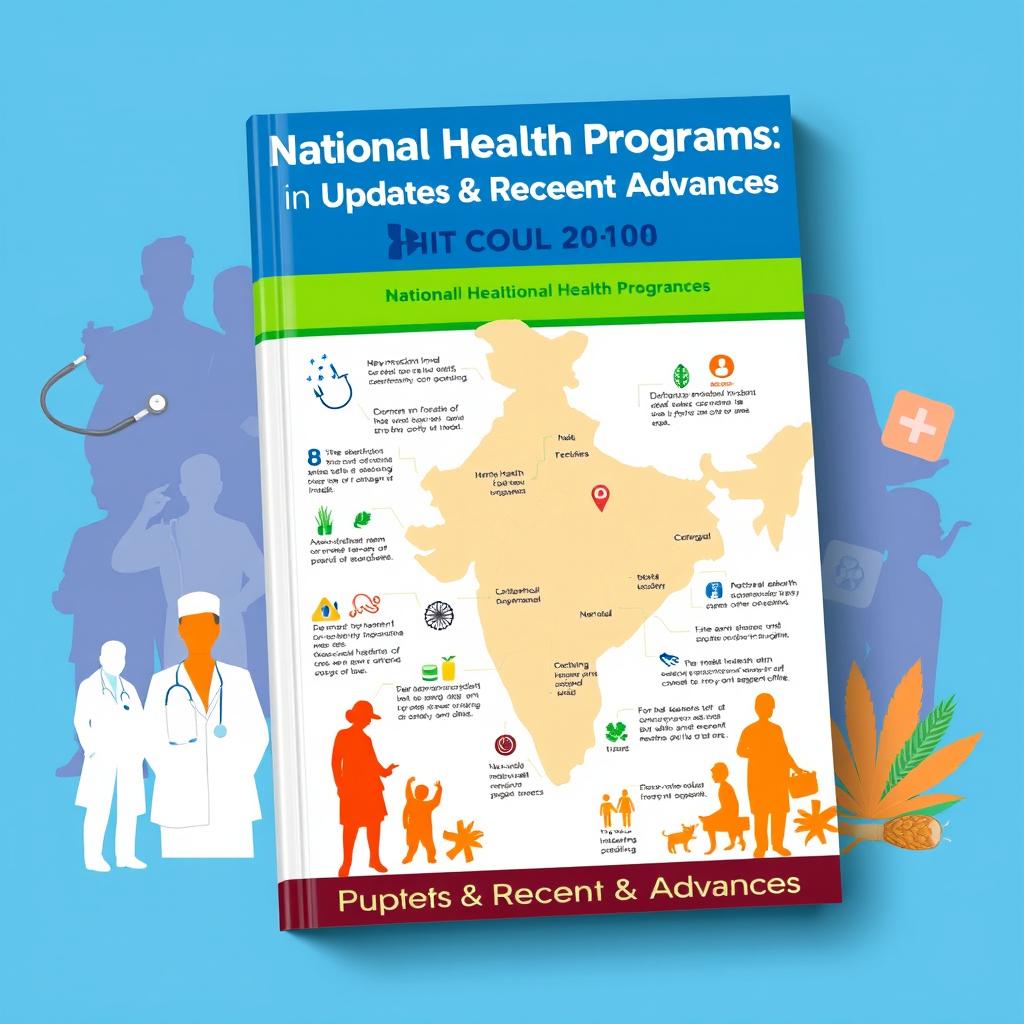 A book cover design focusing on national health programs in India, featuring a vibrant and informative layout