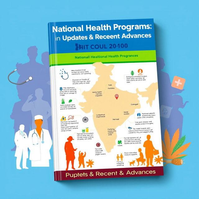 A book cover design focusing on national health programs in India, featuring a vibrant and informative layout