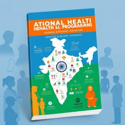 A book cover design focusing on national health programs in India, featuring a vibrant and informative layout