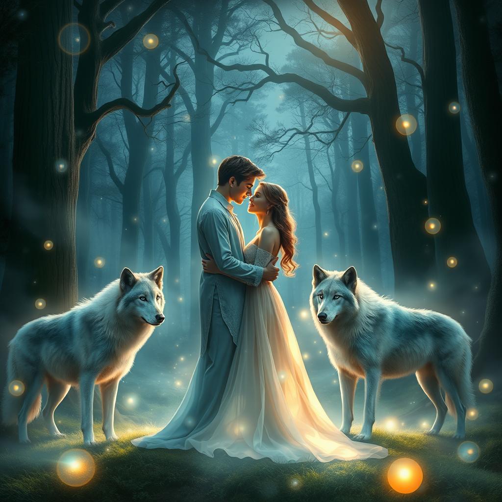 A loving couple standing in a mystical forest, surrounded by ethereal magic swirling around them, with shimmering lights and soft glowing orbs