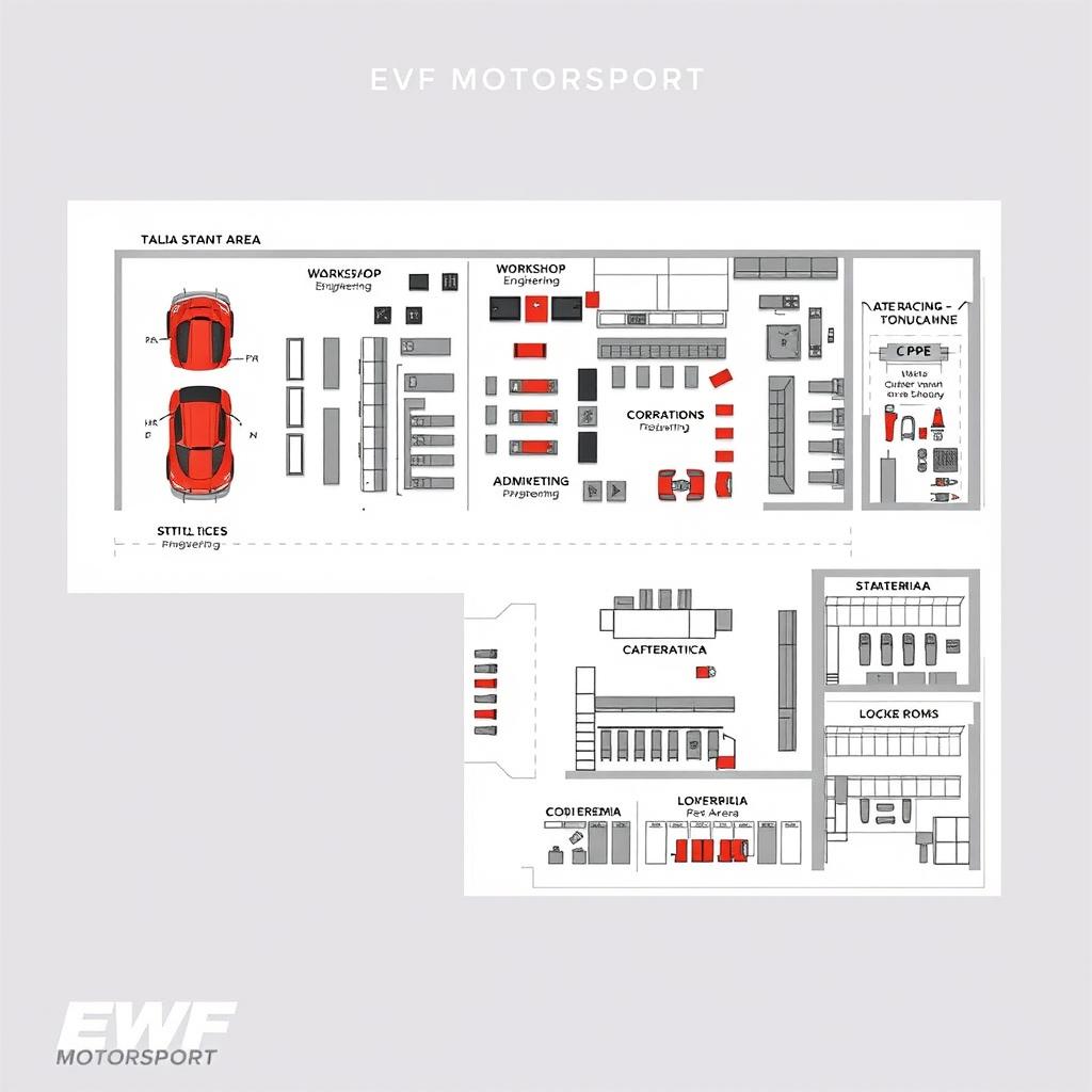 A visual layout plan for EWF Motorsport, detailing the structure of the racing team's facilities