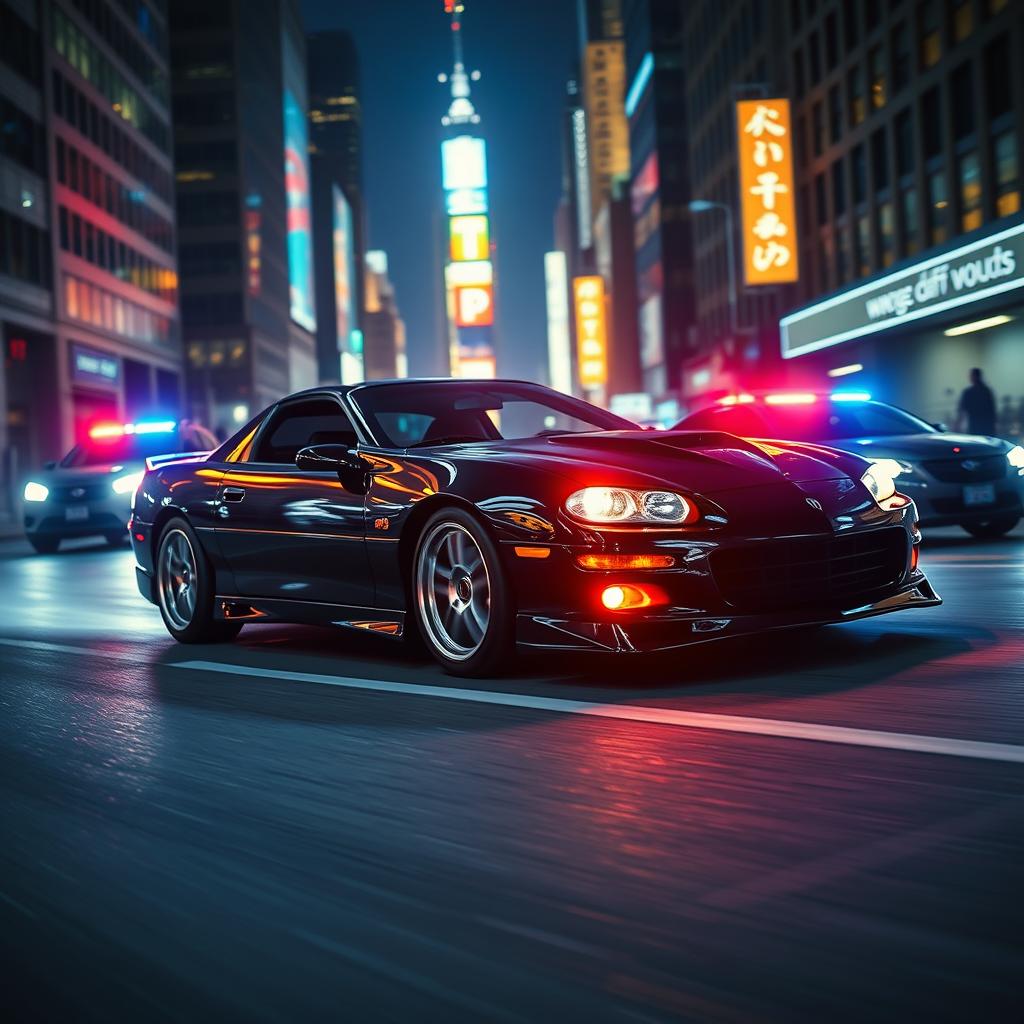 Under the illuminated New York City lights, a RLLRSCR 2002 Gloss black Camaro SS with chrome racing rims, T-tops, red halo headlights, and black ground effects, is racing through the dark city streets