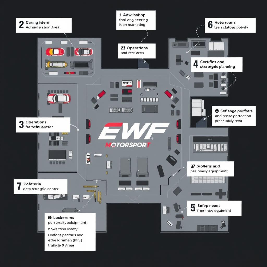 A comprehensive visual layout plan for EWF Motorsport, illustrating the structure of the racing team's facilities with distinct areas labeled