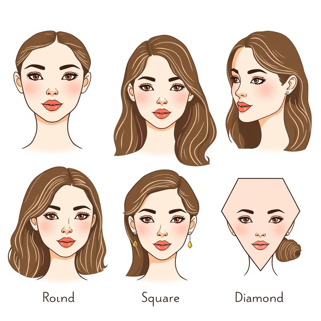A collage of various feminine face shapes including round, oval, square, heart-shaped, and diamond-shaped faces, each one clearly defined and labeled with its respective name underneath